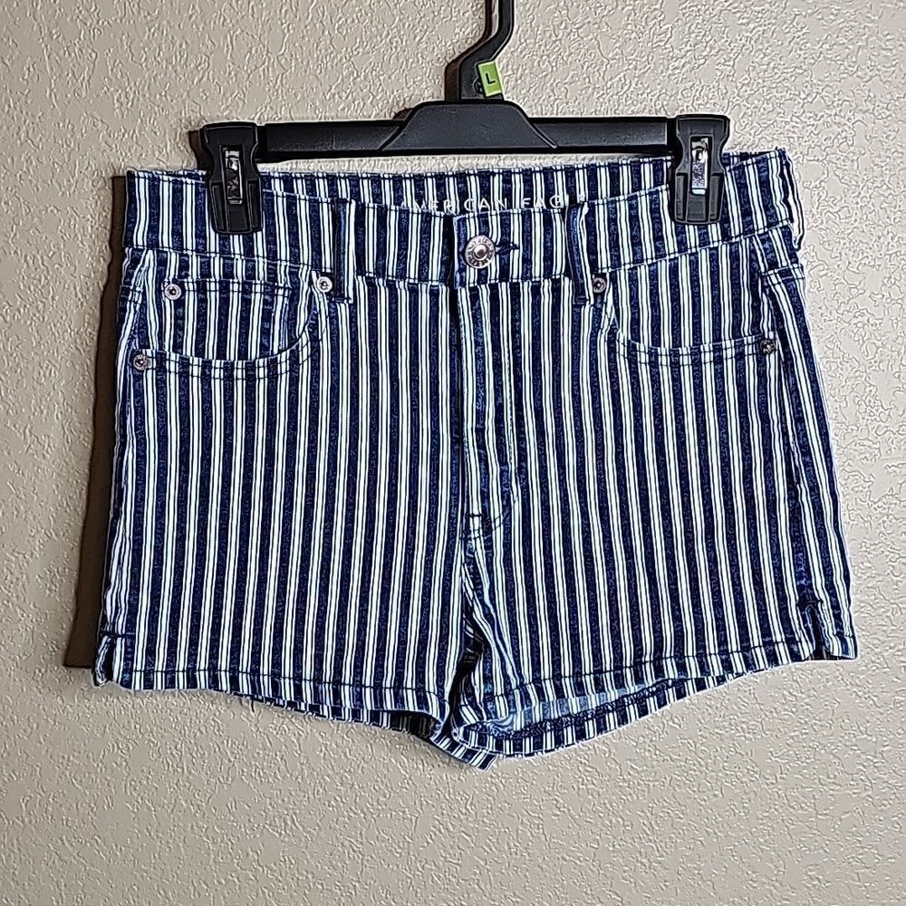 American Eagle Outfitters Navy and White Striped Jean Shorts